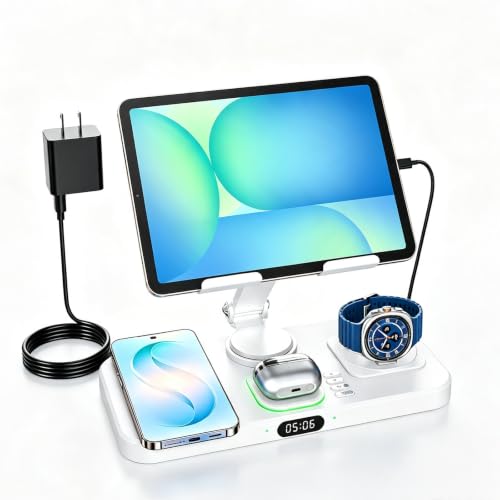 Image of 6 in 1 Charging Station for Samsung Multiple Devices, Foldable Wired Charging Stand for iPad /Tab with Clock & Light, Charger for S26 /S25 Ultra /Z Fold 7 & Buds, Only for Galaxy Watch(White)