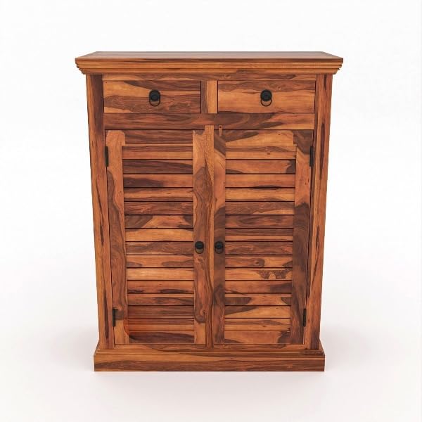 Image of VK Furniture Solid Sheesham Wood Shoe Rack with Drawers & Cabinet | Wooden Shoe Organizer for Hallway, Living Room & Entryway Handmade Shoe Storage (Honey Finish)