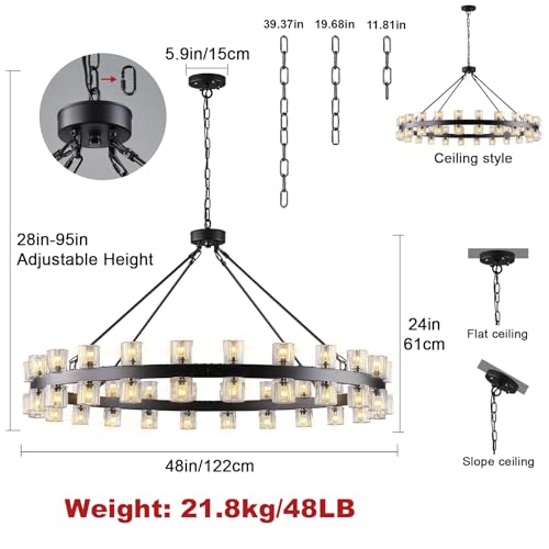 Image of 48 Inch Black Wagon Wheel Chandelier with Crystal Shade, Crystal Chandelier, Modern Farmhouse Style, Ideal for Dining Room, Kitchen, Entryways,48 Lights (Bulbs Included)
