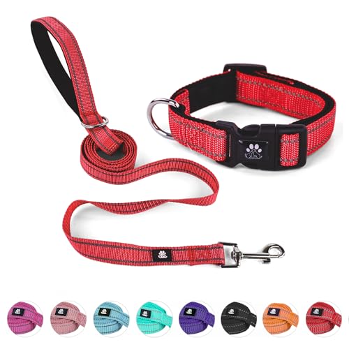 NESTROAD Dog Collar & Leash Set Neoprene Nylon Dog Collar Red Medium