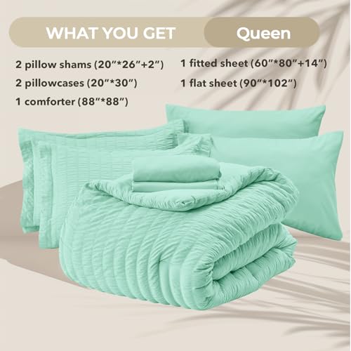 Image of HYMOKEGE Mint Green Queen Comforter Set Seersucker 7 Pieces, All Season Luxury Bed in a Bag Queen for Bedroom, Bedding Set with Comforter, Sheets, Pillowcases & Shams