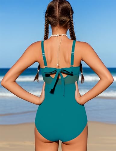 Image of Girls Swimsuit Criss Cross One Piece Swimsuits Wrap Tie Back Sheer Mesh Bathing Suit with Gold Metal Swimwear 9-16Y