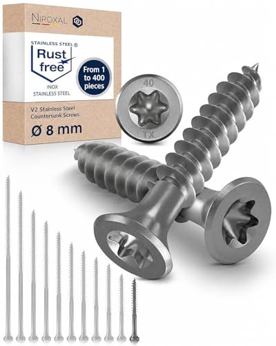 Tornillos para madera exterior y cercas inoxidables 8x60 mm cabeza plana, rosca parcial, paquete de 25 piezas marca NietFullThings