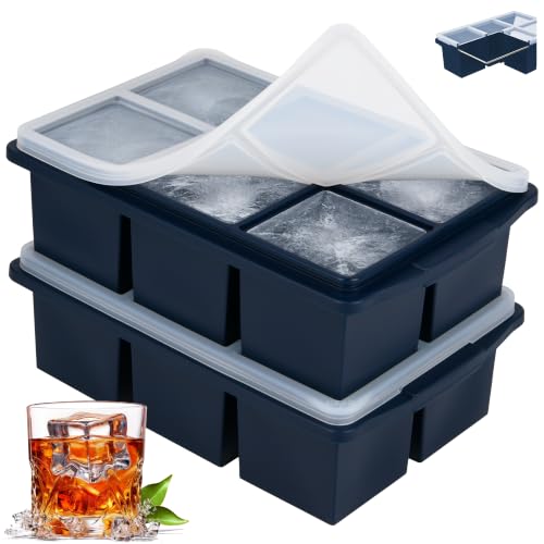 Image of Large Ice Cube Trays for Whiskey, Silicone Ice Cube Tray, with Reinforced Steel Ring Top, Makes 12 perfect 2-in ice cubes, Square Ice Tray for Cocktails, Whiskey, Coffee. (2 Pack)