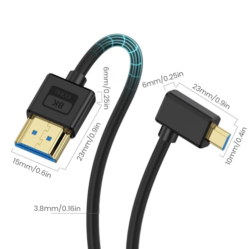 Poyiccot Ultra Thin 8K Micro HDMI to HDMI Cable 1ft, 48Gbps HDMI to Micro HDMI Cable Short, Soft Slim Silicone Left Angle 90 Degree Micro HDMI 2.1 Cable for Camera, Camcorder, Tablet