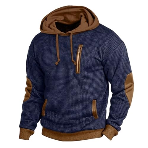 Mens Waffle Hoodies 1/4 Button Vintage Casual Quilted Hooded Sweatshirts with Elbow Patches Tactical Workout Pullover