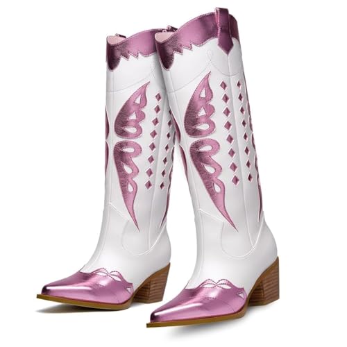 GOSERCE Women's Western Pointed toe Metallic Mid-Calf Cowboy Boots Knee High Cowgirl Boots Colorful sparkly Boots