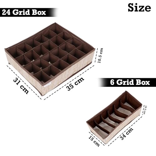 Image of HOKIPO Fabric Clothing Undergarment Organizer Storage Box for Drawers Bra Panty Socks Tie Lingerie Organizer for Wardrobe, 2 Pcs-6+24 Grids (NEW2-332+336), Brown