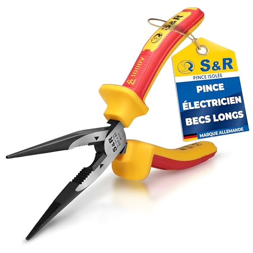 S&R Pince à Becs Longs Demi Ronds 200 mm. Pince éléctricien isolée VDE 1000 Volt coupe cables fils électriques