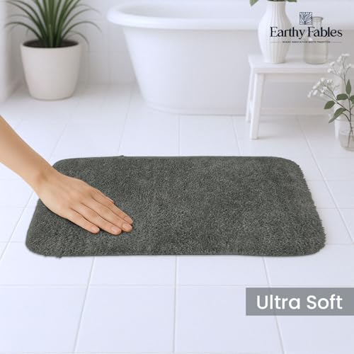 Image of Earthy Fables Soft Microfiber Rectangular Bath Mat - Cut Pile, Quick Dry, Anti-Skid, Water Absorbent, Non-Slip, Machine Washable Floor Rug, Shower Mat, Door Mat for Bathroom, Bedroom, 60x40 cm - Grey
