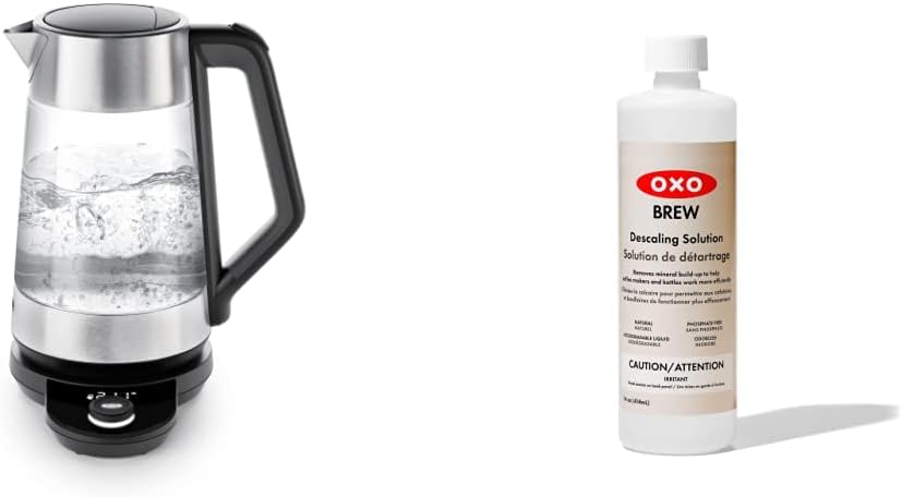 OXO Brew Adjustable Temperature Kettle, Electric, Clear & BREW All-Natural Descaling Solution - 14 Fluid Ounce Bottle