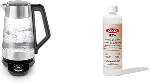 OXO Brew - Hervidor de temperatura ajustable, eléctrico, transparente y solución de descalcificación totalmente natural, botella de 14 onzas líquidas