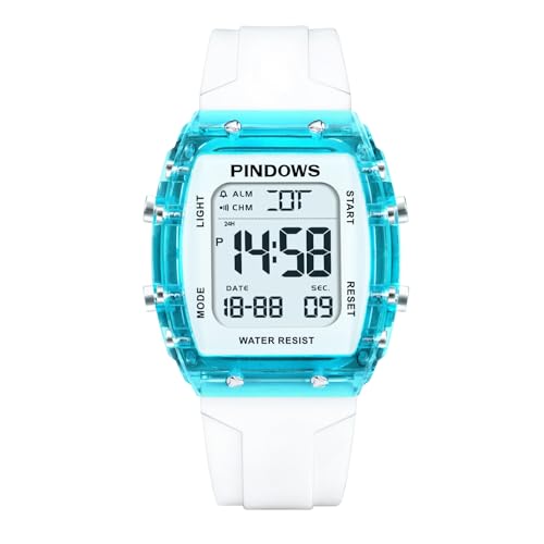 PINDOWS Montre de Sport numérique pour Femme, boîtier Transparent, lumière LED Brillante, résistance à l'eau 5ATM, chronomètre Alarme Double Fuseau...