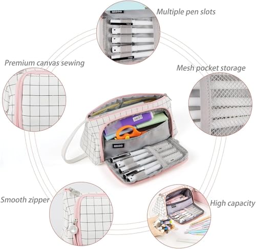 Image of OSDUE Large Capacity Pencil Case, Grid Pattern Canvas Pen Pouch with Handle, Cute Aesthetic Multi-Compartment Organizer for Pens, Makeup Brushes, School & Office Supplies