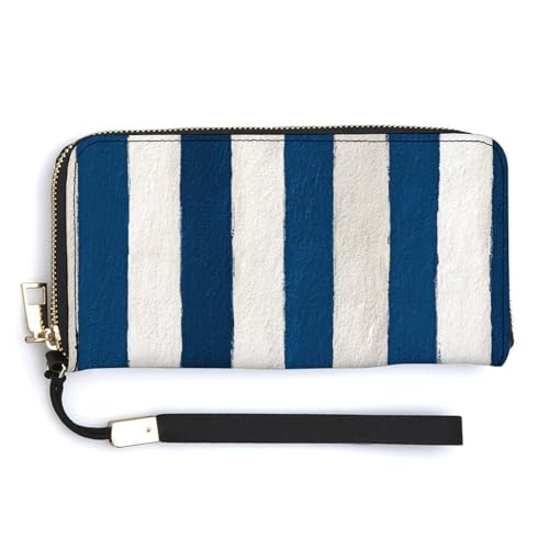 Blue White Striped Pattern PU Leather Clutch Long Bifold Wallet, Coin Purse Credit Pass Case, Durable Card-Holder Money Storage for Women Men