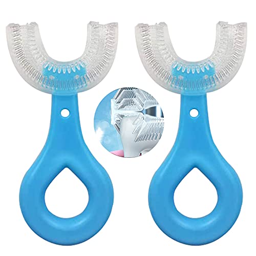 Toothbrush 2Pack Kids Toothbrushes U-Shaped Toothbrush Head Clean Teeth in All Directions Toothbrush with Silicone Brush Head Massage Toothbrush with Comfortable Handle for Littles (Blue, for 3-6)