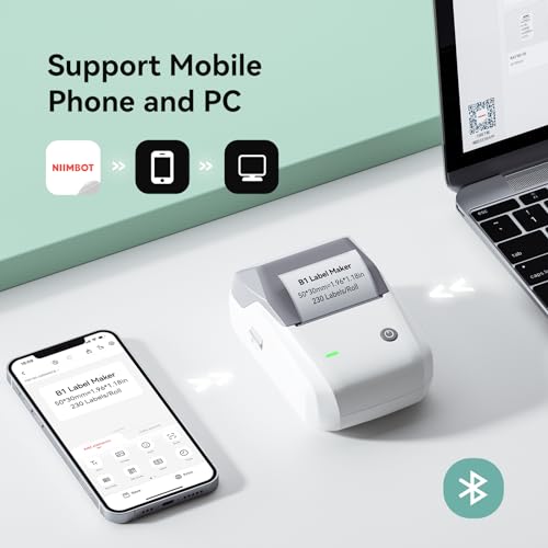 Image of NIIMBOT B1 Label Maker Machine with Tape, 2 Inch Portable Sticker Printer for Home School & Small Business, Compatible with Phones & PC, Gray White