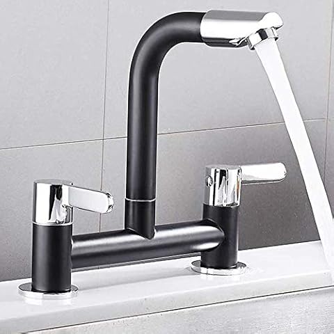 Kitchen Sink Taps 2 Hole 1/4 Turn Dual Lever Deck Mounted Hot & Cold Mixer Faucet Swivel Spout Black Taps (Black) Cover