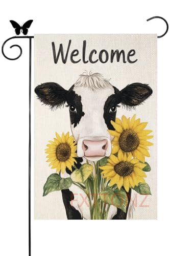 FXTTONZ Sunflower black and white Cow Garden Flag 12x18 Inches Double Sided Small Linen Spring Summer Seasonal Welcome Yard Porch Decoration for Outside Sunflower Decor (17000)