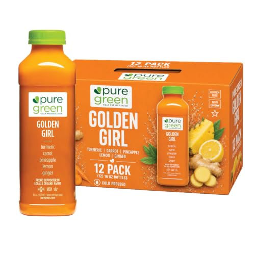 Pure Green Cold Pressed Turmeric Juice – 12 Bottles 16oz | Turmeric, Carrot, Pineapple, Lemon & Ginger | Non-GMO, Gluten Free, No Artificial Colors