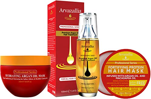 Arvazallia Hydrating Argan Oil Hair Mask, Protein Hair Mask, and Premium Argan Oil Hair Treatment Bundle - The Ultimate Hydration and Hair Repair Products for Damaged Hair or Dry Hair