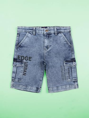 Image of KiddoPanti Boys Knee Length Cargo Denim Shorts with Flap Pockets & Button Closure Casual Wear