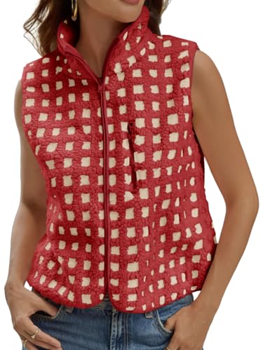 Tankaneo Womens Checkered Sherpa Vest Fleece Fuzzy Zip Up Sleeveless Jacket Casual 2025 Winter Warm Outwear