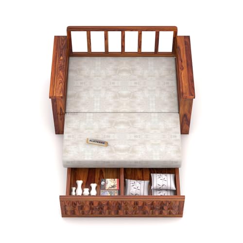 Image of Sheesham Wood 2 Seater Diamond Sofa Cums Bed with Storage and Side Pockets for Living Room | Rosewood Sofa Cums Bed (Honey)
