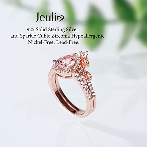 Image of Jeulia Engagement Rings Sterling Silver Halo Pear Cut Synthetic Pear Shape Natural Pink Rose Gold Diamond Bridal Set Halo Art Deco Wedding band Anniversary Promise Jewelry Crystal With Gift Box