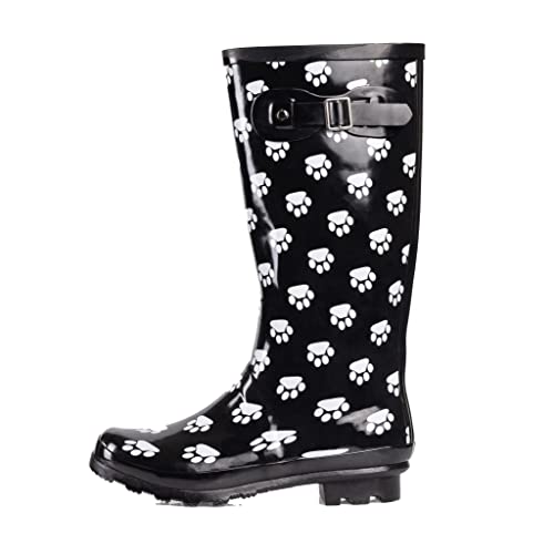 NORTY Women's Hurricane Rain Boots Knee High Calf Length - Glossy Matte Waterproof Rubber Tall Shoes - Black Paw Print Size 11