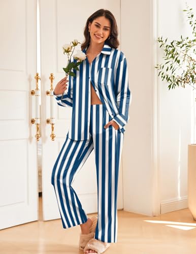 Ekouaer Womens Satin Silky Pajama Set 2 Piece Print PJs Soft Loungewear Button Down Sleepwear with Elastic Waist Long Pants