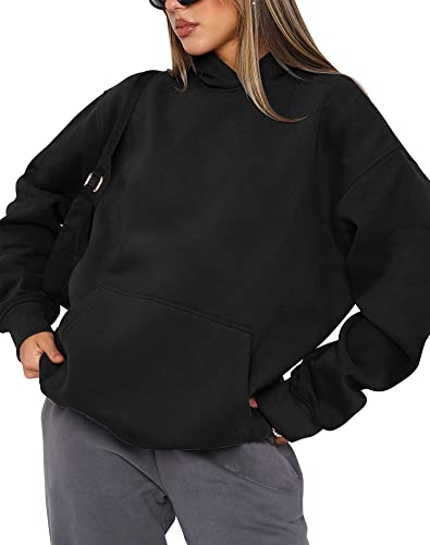 PRETTODAY Women's Oversized Hoodie Casual Long Sleeve Sweatshirts Solid Loose Pullover Tops with Pocket, Black, XXL