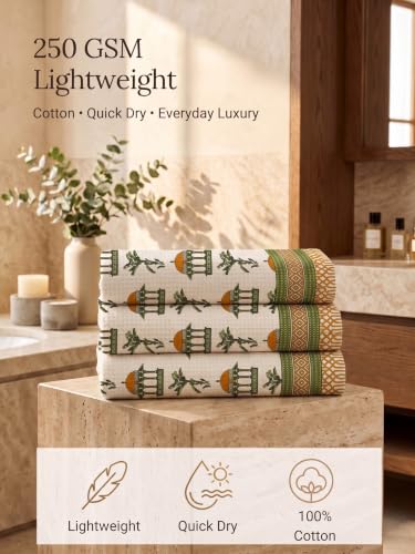 Image of Mafatlal Madhuban 250 GSM Premium Waffle Weave Cotton Bath Towels Pack of 3 | 147 x 76 cm |Fast Dry & Lightweight | Floral Pattern | Mustard Yellow