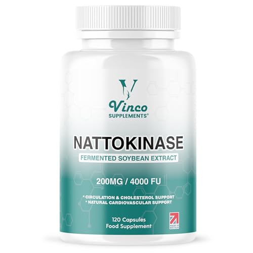 Vinco Nattokinase 200mg 4000FU 120 Capsules High Strength Japanese Natto Enzyme Supports Heart Health Blood Flow Circulation and Blood Pressure Non-GMO Gluten Free Made in UK