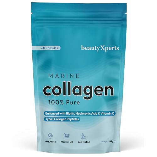 Marine Collagen Capsules | with Biotin, Hyaluronic Acid & Vitamin C | High Strength Pure Collagen Peptides Supplements for Women and Men | 60 Capsules (Not Tablets or Powder)