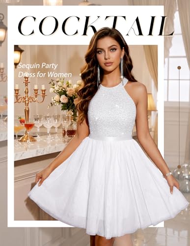 Image of Dressystar Sparkly Sequin Halter Tulle Short Cocktail Dress for Women | Elegant sleeveless formal midi dress, A-line tulle hem, wedding guest, homecoming prom and parties