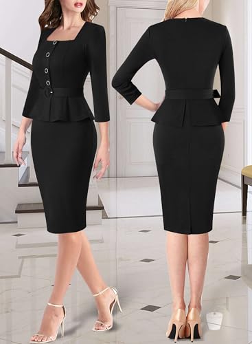 VFSHOW Womens Square Neck Peplum Buttons Belted Business Work Office Slim Pencil Sheath Dress2