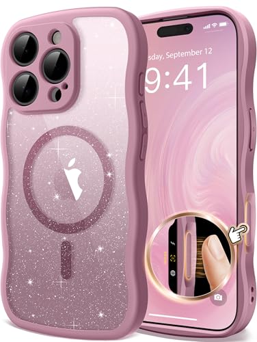 GVIEWIN for iPhone 16 Pro Case Compatible with Magsafe, [Full Camera Protection] [Not Yellowing] Wavy Frame Shockproof Gradient Glitter Slim Women Phone Cover with Camera Control, Burgundy