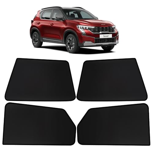 Image of OTO2EYE Car Sun Shade Compatible for Kia Sonet Model 2020 to 2024, Z-Black Fix Type Side Window Curtains, Only Half Cut in Front Window, 4 Pieces Set