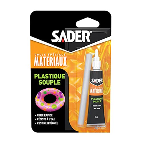Sader Colle Plastique Souple – Colle pour PVC Souple et Caoutchouc – Idéale pour Bouées, Ballons, Matelas et Bateaux Pneumatiques – Rustine Intégrée – Résiste à l'Eau – Tube 12 ml