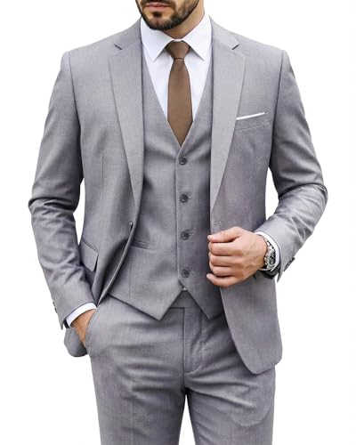 Image of MY'S Men's 3 Piece Suit Set with Tie, One Button Slim Fit Solid Jacket Vest Pants, Prom Party Wedding Business Suits for Men