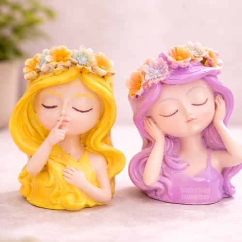 Image of Cute Beautiful Yellow & Purple Girl Resin Succulent Planter Flower Pot Handicraft Pack of 2 Indoor Outdoor Flower Pot Handicraft Planter, Plant Container Set