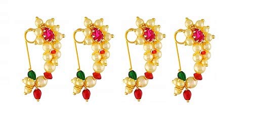 GirlZ! Traditional Maharashtrian Nath Nose Ring Pink And Green Colour Stone Along With Pearl Beads For Women(Non Pierced)(Combo Pack Of 4) (B083N1R8HJ) Amazon Price History, Amazon Price Tracker