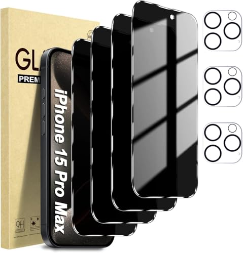 Login Life 6-in-1 Privacy Screen Protector for iPhone 15 Pro Max 6.7 Inch, with 3 Pack Camera Lens Protector, 28 Ant-SpyTempered Glass, 9H Hardness, Support Face ID, Case Friendly, Bubble Free & Easy Install
