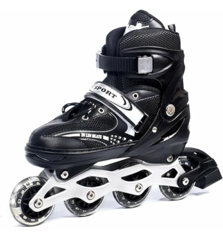 Image of Skating Shoes for Boys /Girls 4 Wheel Inline Skates Age 7 to 15 Years Liner Roller Skates Shoes Roller Blades PU Strong Wheels Aluminium with LED Flash Light on Wheels (Black)
