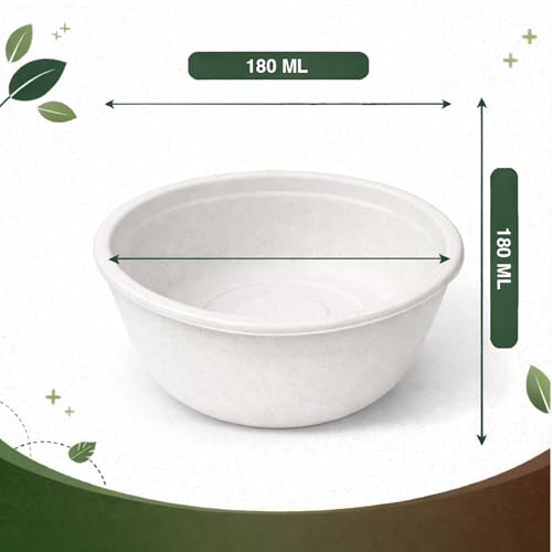 Image of Eco Aaroyaa Disposable Bagasse Bowls - 180 ML - Pack of 50 Biodegradable DIsposable Bowls - Eco-Friendly Dip, Sauce & Chutney Disposable Cups - Leak-Resistant Small Serving Bowls (Pack of 50)