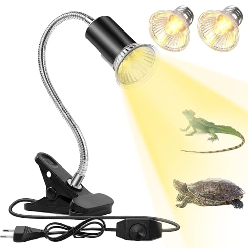mizikuu Lámpara para Tortuga, Lámpara de Reptiles y Anfibios con 2 Bombillas de Luz Solar UVA UVB 50W Temperatura Ajustable 360° Giratorio Lampara para Tortuga, Lagartos, Serpientes, Camaleones