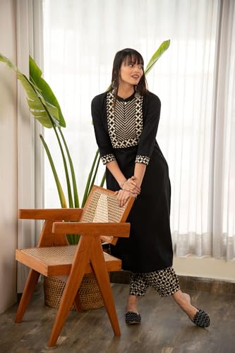 Image of Yashika Women's 3 /4 Sleeve Solid Black Color Kurti Pant Set, Cotton Blend, Knee Length, Stylish Ethnic Outfit for Daily Wear, Office, and Casual Occasions