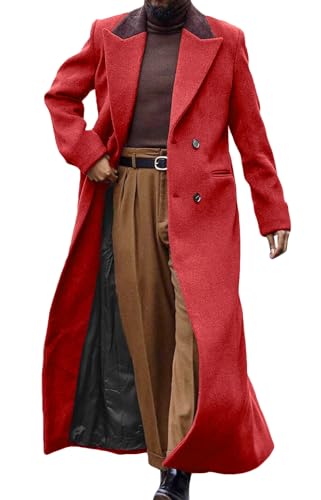 Image of Man's Double Breasted Full Length Trench Coat Casual Corduroy Collar Long Jacket Peacoat Wool Blend Winter