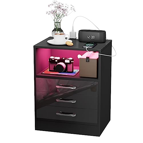 Rcynview Mesitas de Noche Dormitorio con luz LED, Mesita de Noche Negro con 3 Cajones y Toma de Corriente, Mesillas de Noche Dormitorio, Mesa de Noche, Armario de Cama Frontal de Alto Brillo, 1PCS